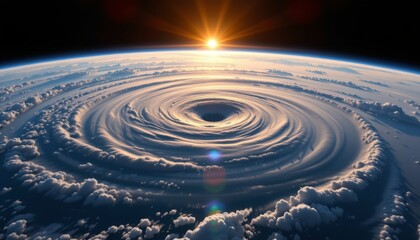 Fototapeta premium Sunrise over a whirling cyclone earth’s atmosphere aerial photography space panoramic view nature's forces unleashed