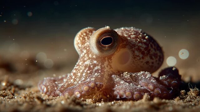 Small Baby Octopus with One Eye in Focus Rests on Sandy Seafloor, Surrounded by Warm, Serene Underwater Scene