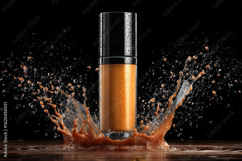 Poster dynamic splash interaction with a cosmetic bottle, highlighting liquid movement and texture in a dra