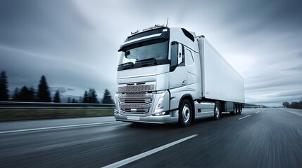 Fototapeta premium A large, silver semi-truck travels down a highway.
