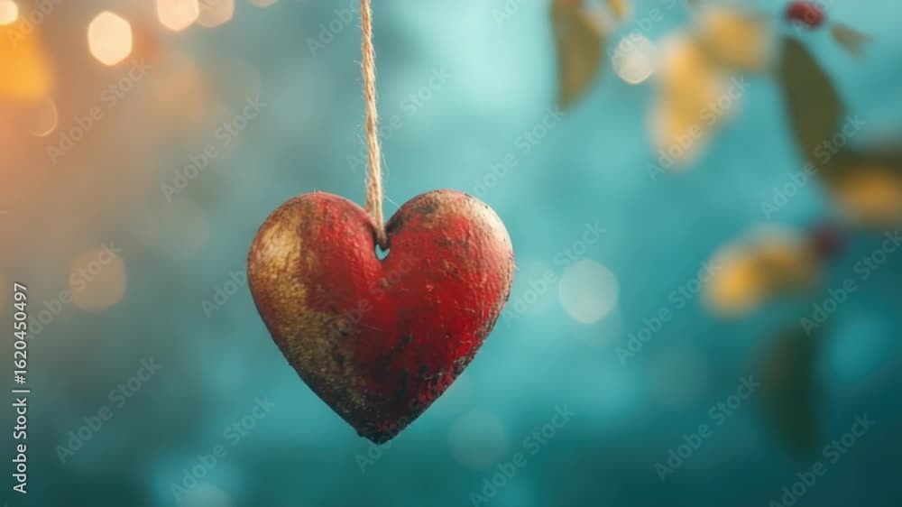 Poster rustic heart symbol hanging on a string against a soft bokeh background in shades of blue and gold 4