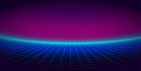 Neon wireframe grid bends toward a glowing magenta void. Pure synthwave. Retro-futuristic, electric, and surreal. Clean geometry 80s background.