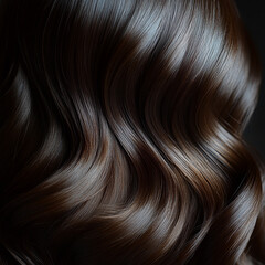 Close-up of shiny healthy brown hair showing smooth texture and natural waves with soft highlights in detailed view