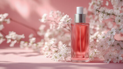 Elegant beauty flat lay composition of pink cosmetic bottles and cherry blossoms on a pastel pink background
