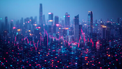 Digital stock market chart overlay on cityscape showcasing financial analytics trends data visualization