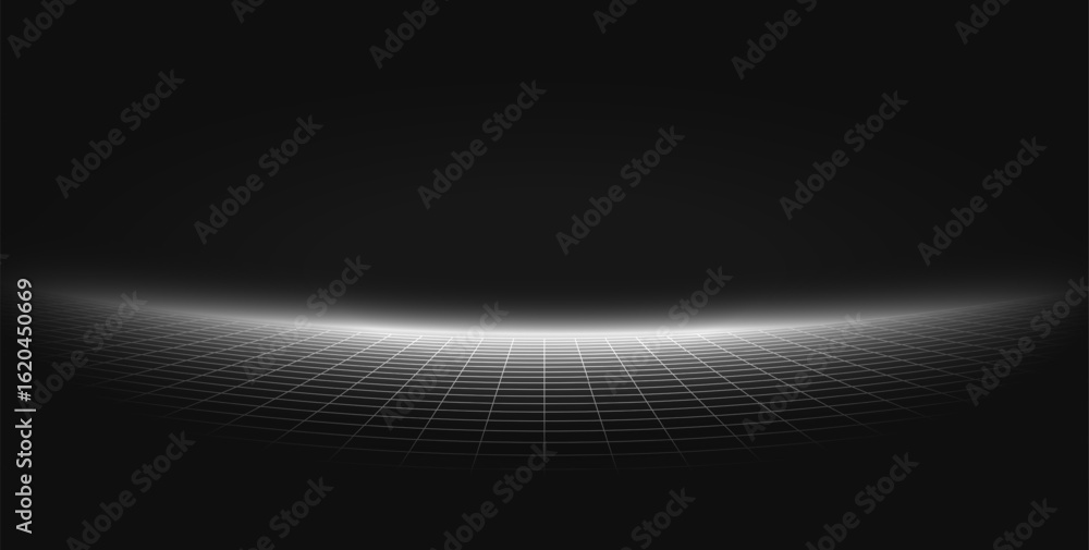 Aufkleber futuristic wireframe grid curves in darkness. digital horizon. retro tech and sci-fi background.