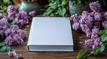 Flat lay with open notebook surrounded by vibrant lilac branches and green leaves on rustic wooden background