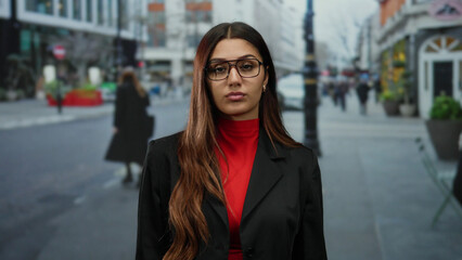 Woman in red top and black blazer stands confidently on busy city street during the day with blurred pedestrians and vehicles in the background