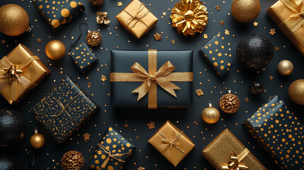 Elegant black gold festive decorations wrapped gifts baubles cookies drinks holiday celebrations Christmas parties
