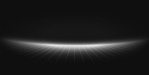 Futuristic wireframe grid curves in darkness. Digital horizon. Retro tech and sci-fi background.