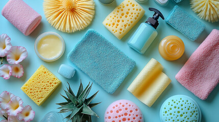 Colorful arrangement of cleaning tools and citrus slices on pastel gradient background promoting cleanliness and freshness