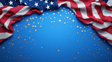 Patriotic themed image featuring an American flag and a red star confetti design on a bright blank background
