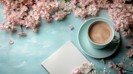 Creative flat lay of workspace with tulips, coffee cup, notebook, and laptop on a pink background