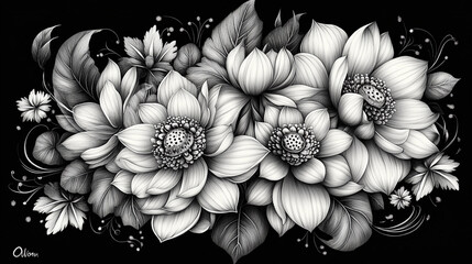 Intricate black and white mandala with detailed floral patterns and symmetrical petals, ideal for artistic and spiritual designs