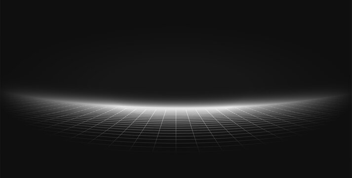 Futuristic wireframe grid curves in darkness. Digital horizon. Retro tech and sci-fi background.