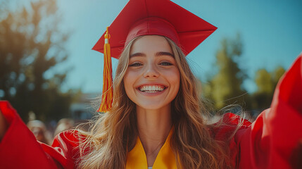 Excited graduate raising diploma while celebrating achievement outdoors in cap and gown under sunny blue skies