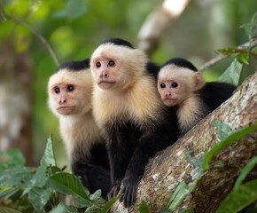 Obraz premium A family of white-faced capuchin monkeys in the wild.