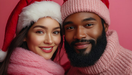 Festive mood portrait of joyful couple in Christmas attire celebrating holiday together with warm smiles and cheer