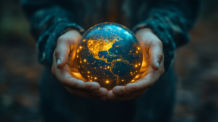 Human Hands Holding Glowing Holographic Earth in a Mystical Setting with Vibrant Colors and Sparkling Lights