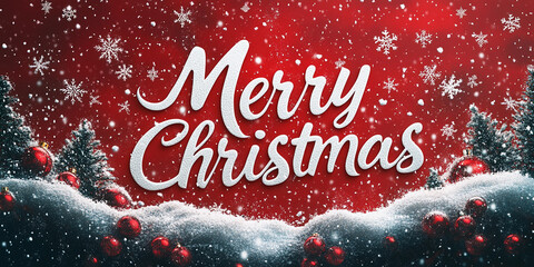 Festive Christmas scene banner featuring trees snow sparkling lights Merry Christmas text in glowing elegant style