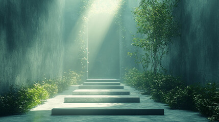 Lush green pathway with sunbeams streaming through ambient surroundings evoking serenity and natural beauty