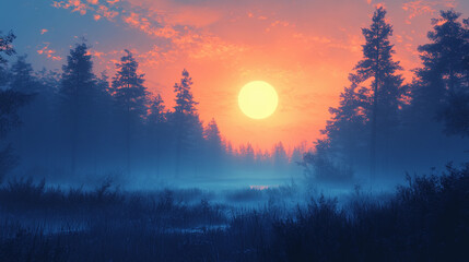 Serene misty forest landscape at sunrise with trees in vibrant sunlight casting shadows over calm scenery