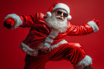 Modern dancing Santa Claus in red leather outfit with sunglass on vibrant red background showcasing fun xmas vibe