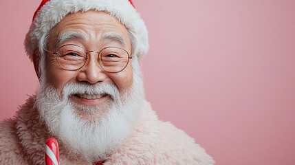 Joyful elderly asian man celebrating Christmas in Santa costume holding candy cane embracing holiday spirit