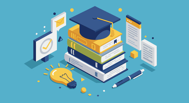 Isometric illustration of a stack of books with a graduation cap, documents, and a lightbulb.