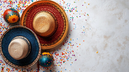 Colorful sombrero hats maracas mexican food on textured surface covered with vibrant celebration confetti