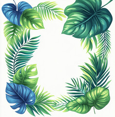 A botanical border illustration with vibrant blue and green stems and leaves providing an artistic, decorative frame layout