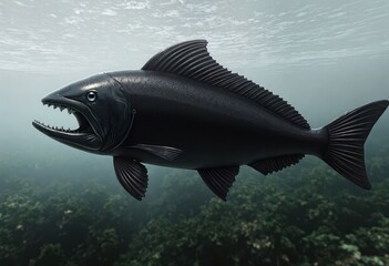 Large Black Predatory Fish Underwater, Open Jaws, Deep Ocean