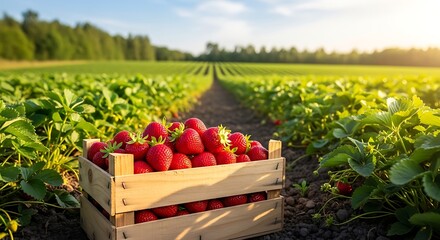 Wooden crate brimming with ripe red strawberries in a sunlit field strawberry fruit
