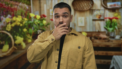 Man pinches nose in a building with wooden counters and bright floral arrangements in a flower...