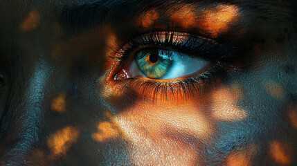 Surreal close-up portrait of human face with leopard pattern shadows illuminated by soft light and vibrant colors
