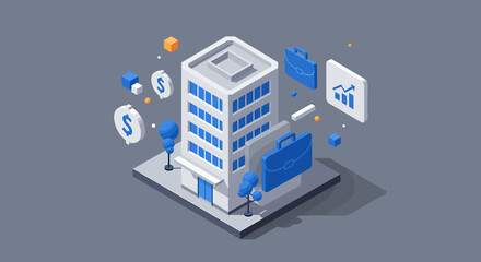 Isometric illustration of a modern office building with financial elements floating around it.