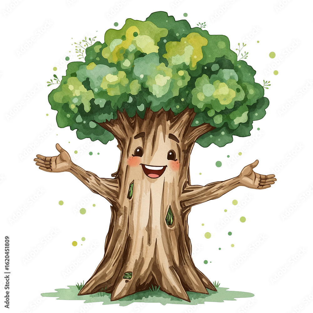Poster animated arboreal character extending warm greeting amidst twinkling ethereal particles