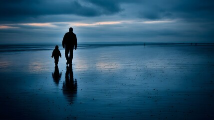 Naklejka premium Father and child walking along a beach at twilight.