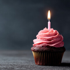 Single Cupcake with Pink Frosting and Candle on Dark Background