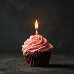 Single Cupcake with Pink Frosting and Candle on Dark Background