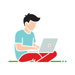 Person using a laptop with red pants and blue shirt