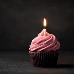 Single Cupcake with Pink Frosting and Candle on Dark Background