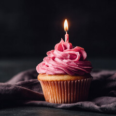 Single Cupcake with Pink Frosting and Candle on Dark Background