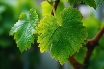 Lush green grape leaves basking in sunlight during a warm afternoon in a vineyard