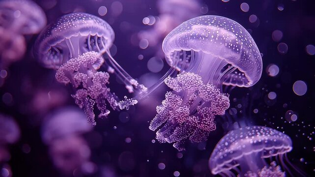 Translucent Jellyfish with Flowing Oral Arms in Serene Purple Ocean Environment Creating Dreamy Underwater Scene