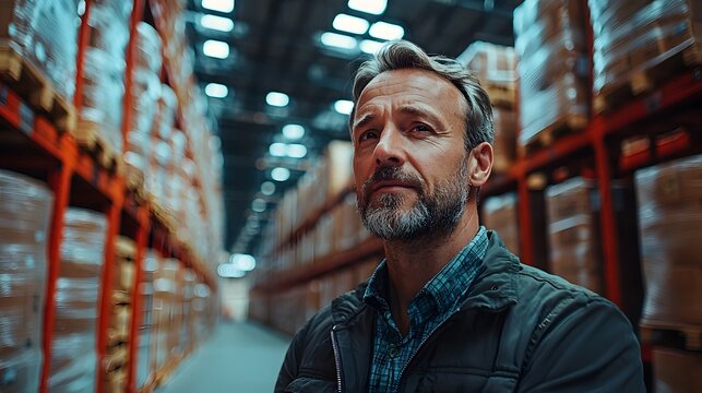 Serious businessman examining warehouse ope ns