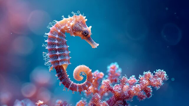 Vibrant Seahorse with Curled Tail Clings to Colorful Coral in Serene Underwater Scene, Showcasing Marine Life in Oceans Depths