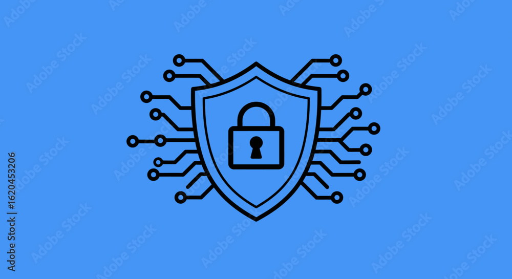 Poster digital security shield with a padlock symbol, surrounded by circuit board lines.