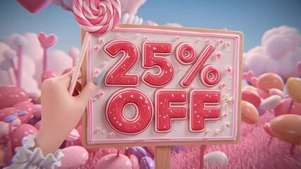 A cute anime style girl’s hand pastel nails holds giant oversized lollipop sign 25% OFF sparkles. Colorful candy land pink clouds hearts, high-energy cute aesthetic, bright joyful, 4K anime pop style - Powered by Adobe