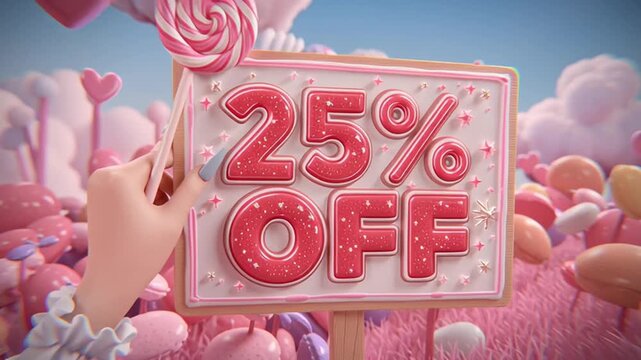 A cute anime style girl&rsquo;s hand pastel nails holds giant oversized lollipop sign 25% OFF sparkles. Colorful candy land pink clouds hearts, high-energy cute aesthetic, bright joyful, 4K anime pop style